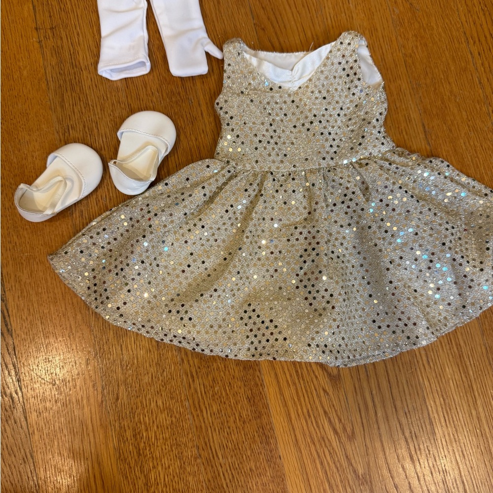 American Girl Sparkling Gold Sequin Party Dress with White Shoes